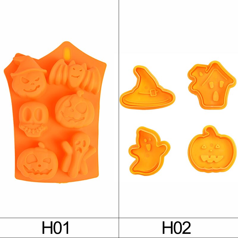 Halloween Pumpkin Ghost Theme Cookie Cutter Plunger Silicone DIY Mold Pumpkin Bat Skull Ghost Shape Kitchen Cake Baking Tools
