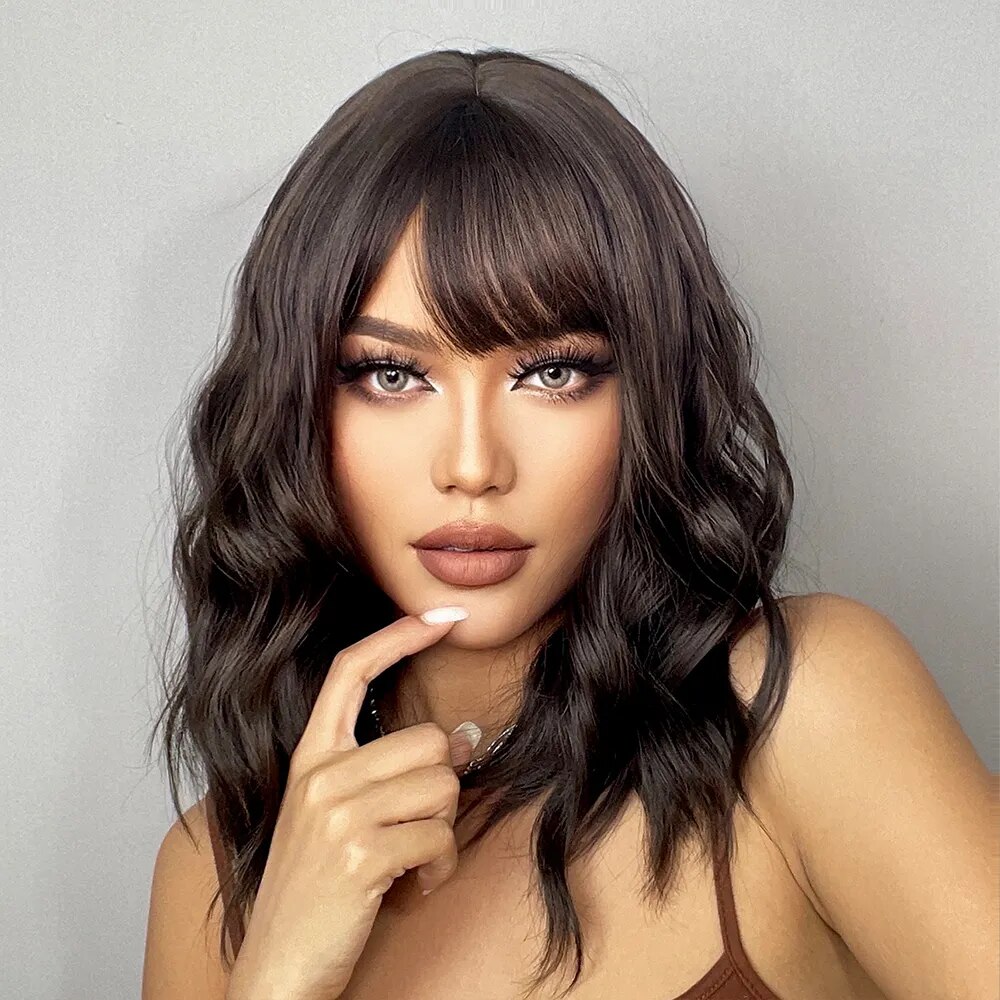 HENRY MARGU Dark Brown Natural Wave Synthetic Wig with Bangs for Black Women Afro Bob Medium Cosplay Heat Resistant Fake Hair