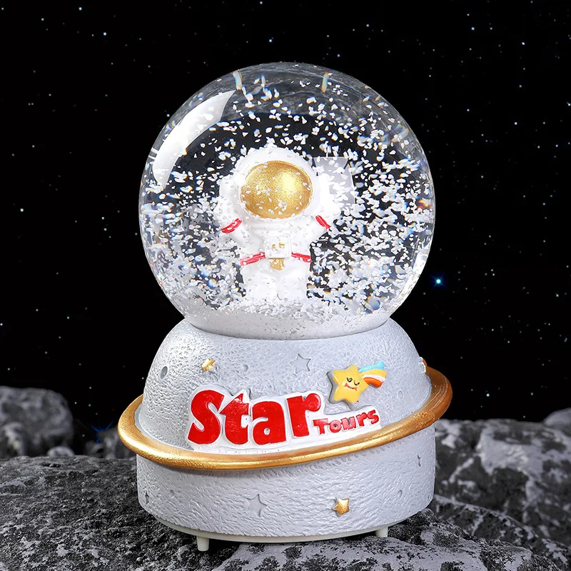 Creative Astronauts Snow Globe Luminous Crystal Ball Music Box Glass Ball Desk Ornaments Office Home Decor Kids Christmas Gifts