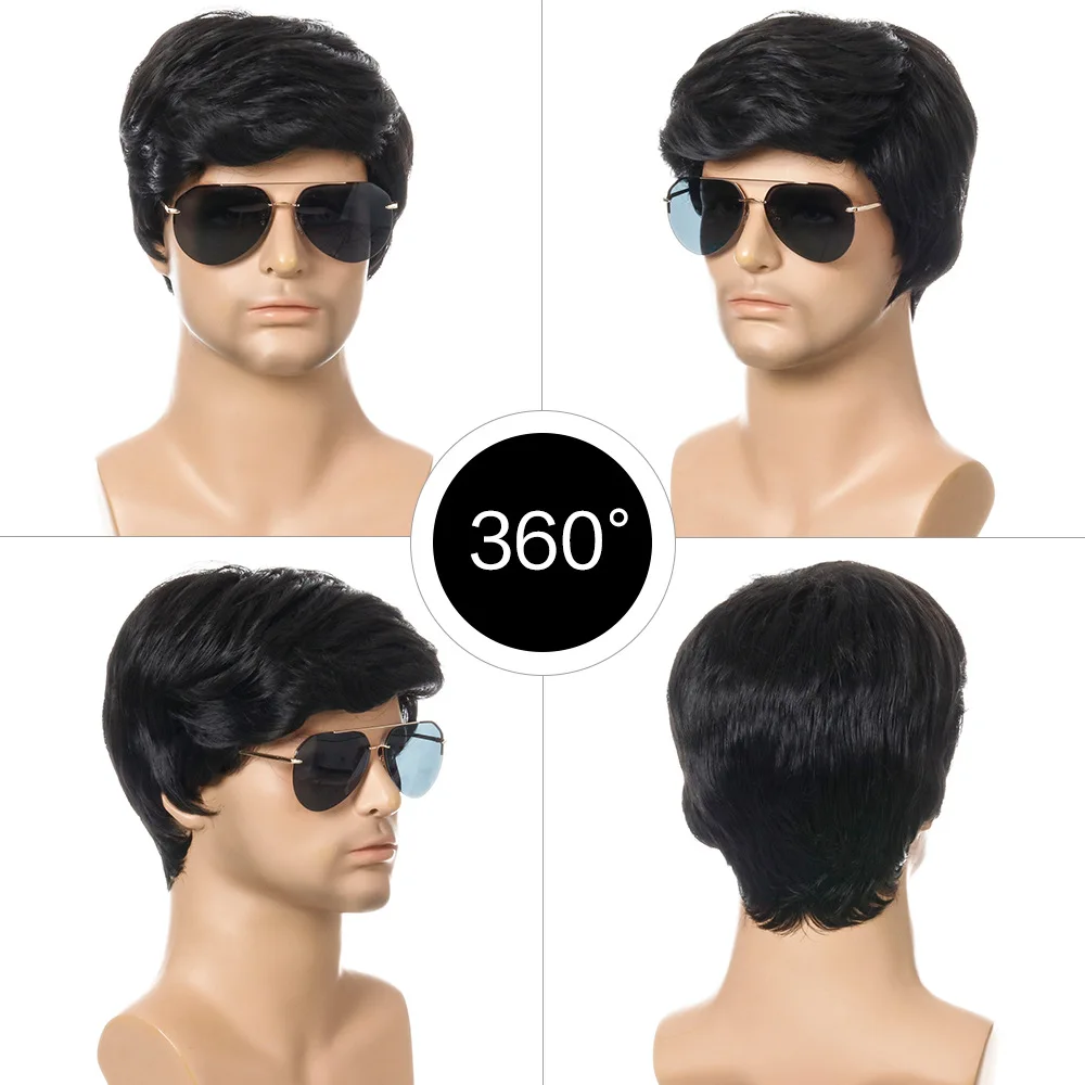 Short Men Black Wig Straight Synthetic Wig for Male Hair Fleeciness Realistic Natural Black Toupee Wigs