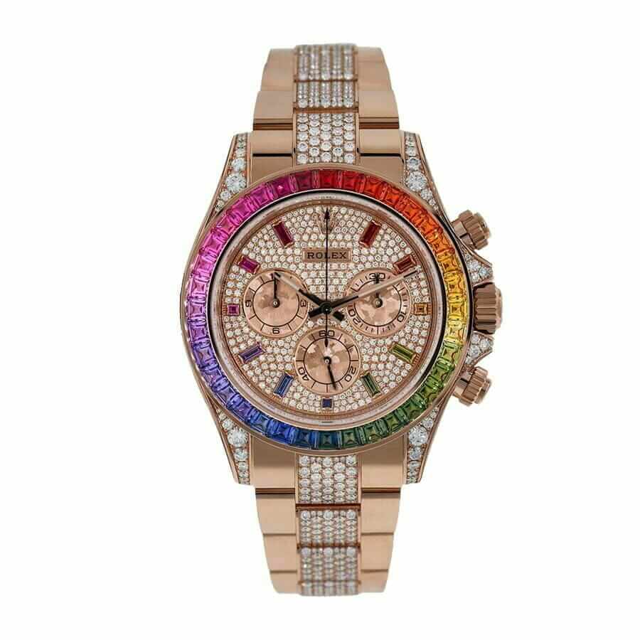 rolex cosmograph daytona rainbow colored baguette bezel rose gold oyster 116505 replica 1