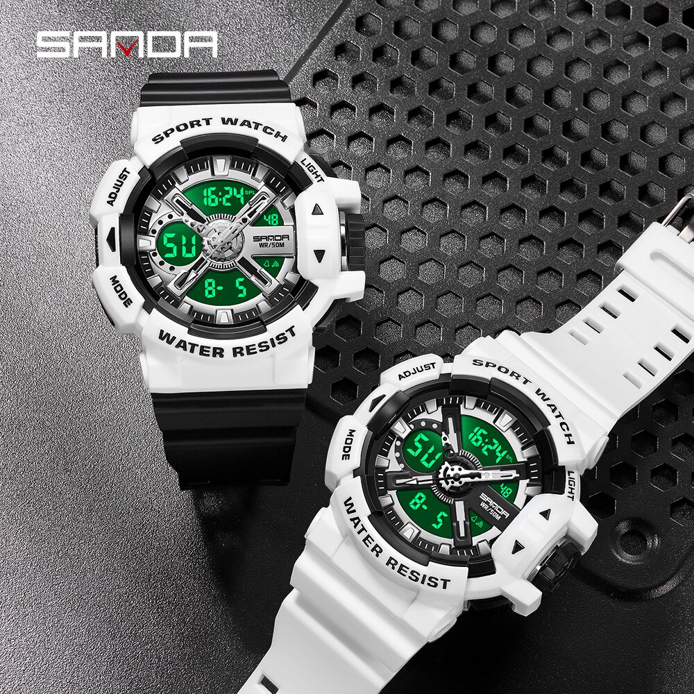SANDA New Men's Watches Dual Display Sports Military 50M Waterproof Digital Watch Quartz Wristwatch Clock Relogio Masculino 3128