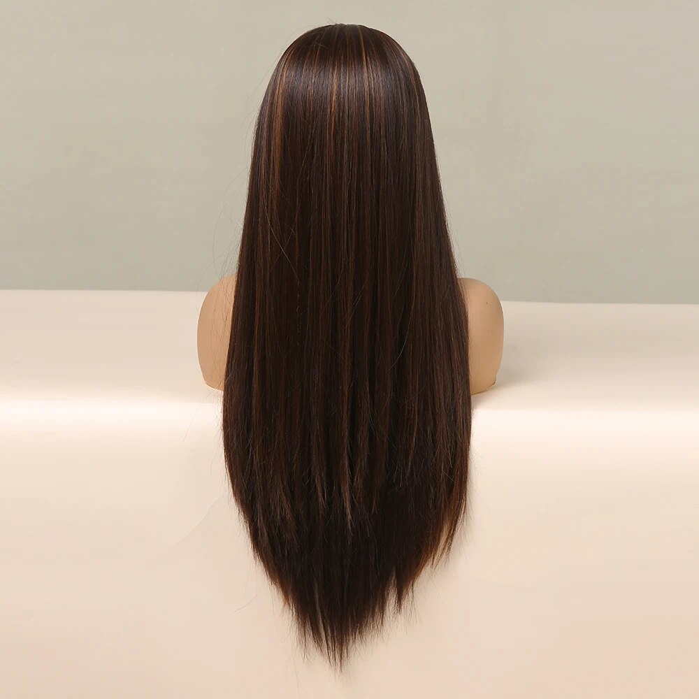 HENRY MARGU Long Straight Headband Wig Synthetic Hair Brown Gloden Highlight Glueless Wigs for Black Women Machine Made Cosplay