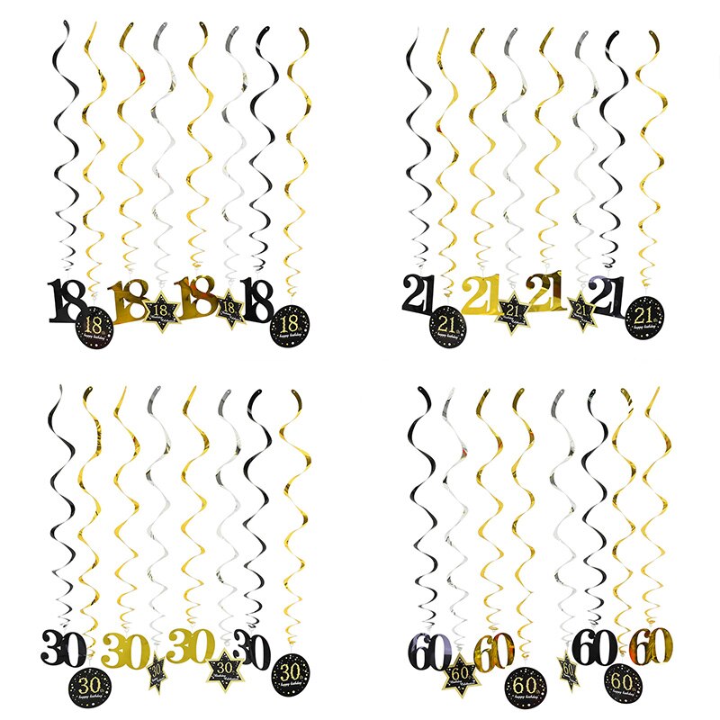 8Pcs/Set 18 21 30 40 50 60 Spiral Hanging Ornament Happy Birthday Swirl Anniversary Years Old Birthday Party Decorations