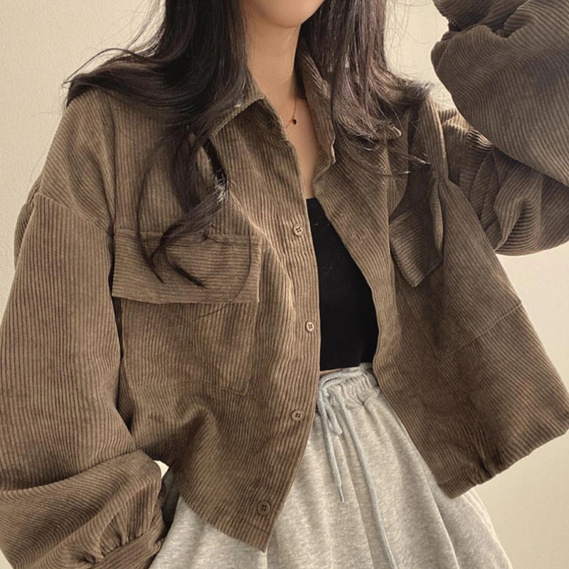 Women Casual Autumn Loose Corduroy Long-sleeved Shirt Turn-down Collar Retro Coats Solid Color Shirts