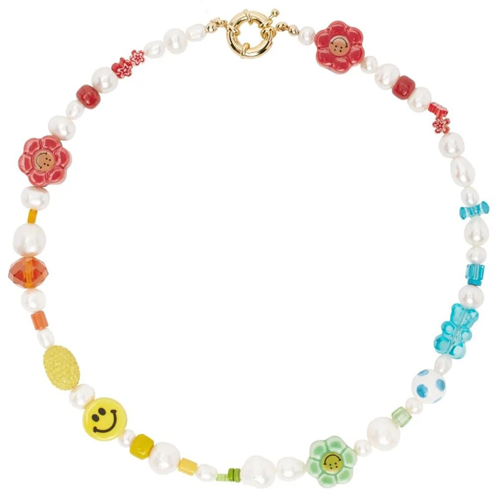 Y2K Fashion Rainbow Gradient Smiley Face Bear Flower Necklace Natural large Pearl Beaded Necklaces For Women And Men  Choker, Gi