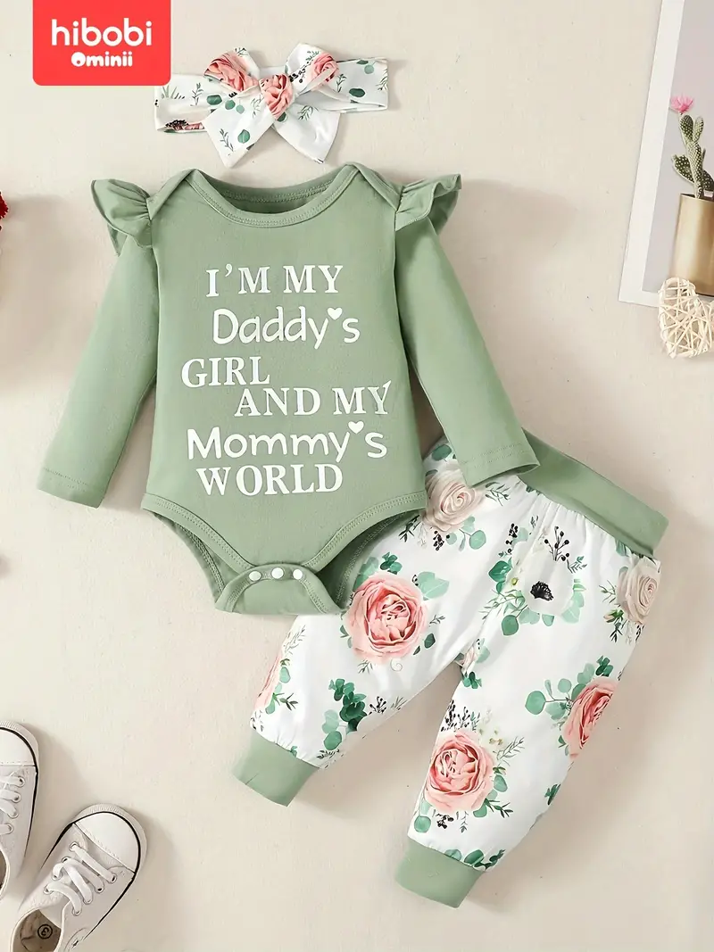 infant baby comfy cute outfit letter graphic romper floral print pants headband set details 24