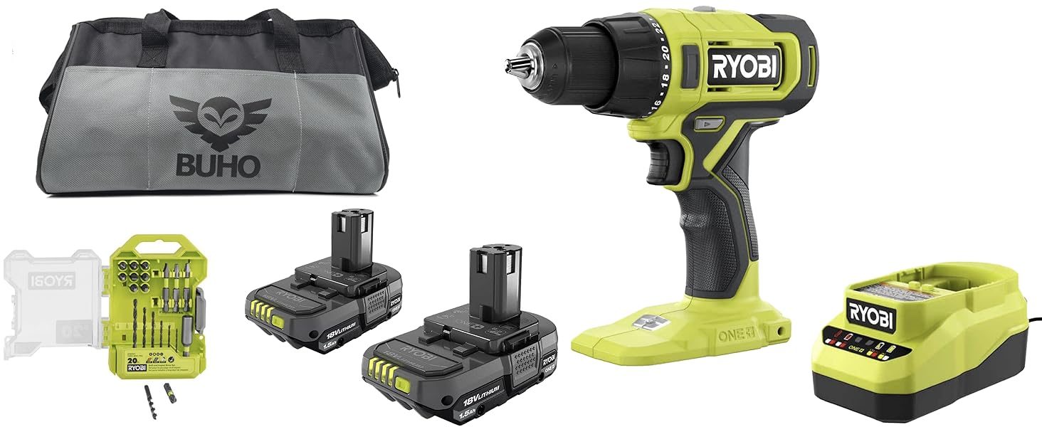 Drill with two batteries and multipurpose bit set