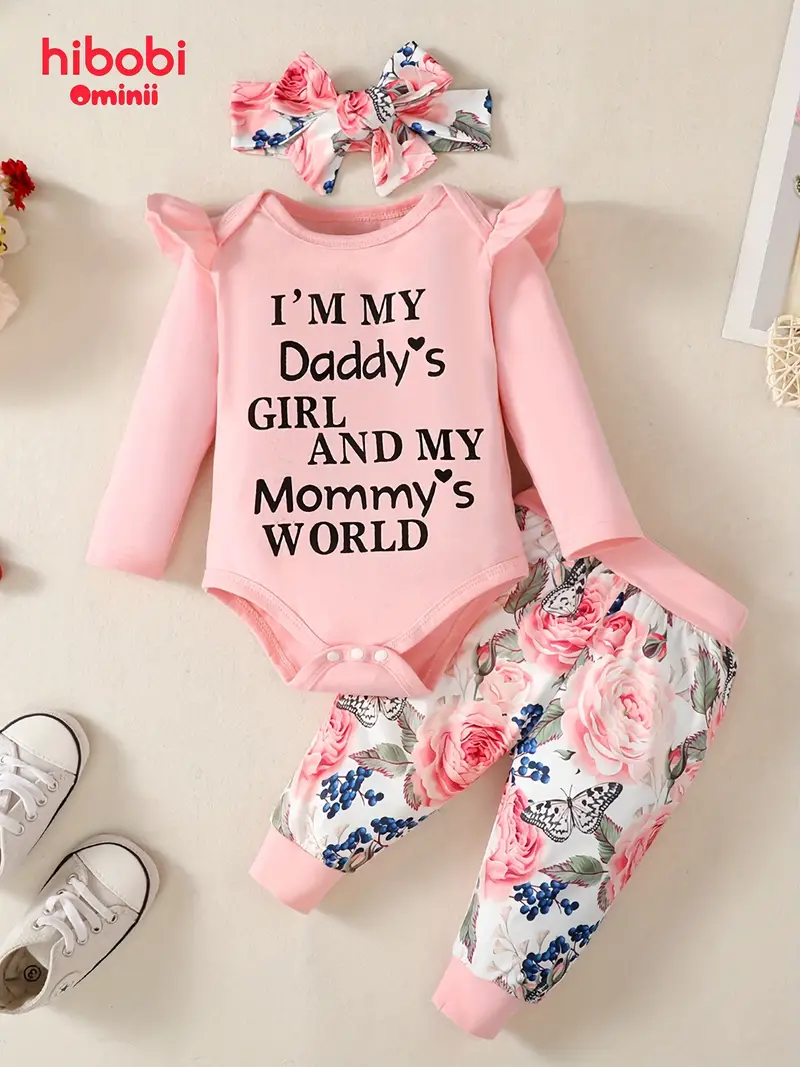 infant baby comfy cute outfit letter graphic romper floral print pants headband set details 18