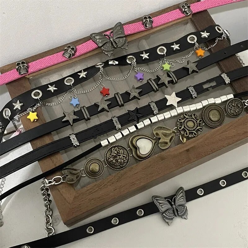 Black Leather Butterfly Love Heart Hollow Tassel Moon Star Necklace Trend Hip -hop Punk Y2K Clavicle Chain 2023 NEW INS