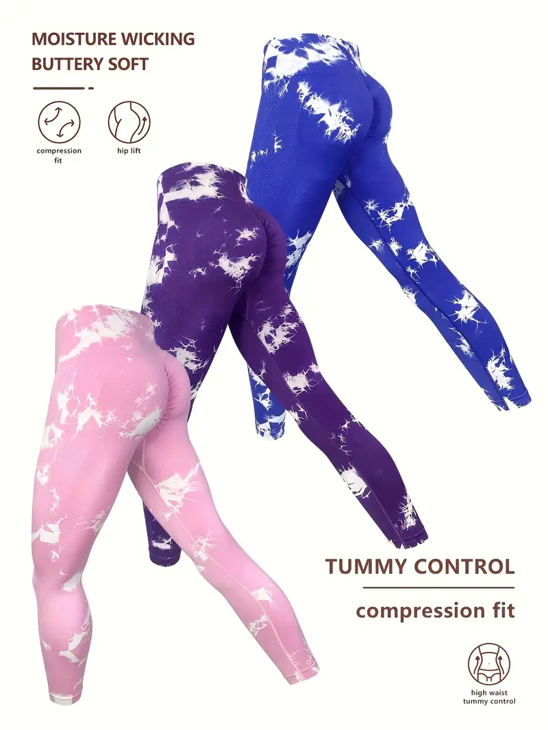 3pcs tie dye high waist sports leggings running workout fitness yoga tight pants womens activewear wide waistband details 5