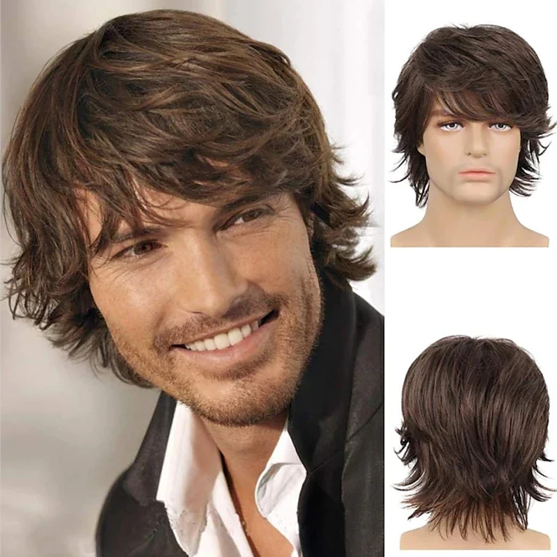 HAIRJOY Man Synthetic Hair  Brown Short Layered Wig  Male  Curly  Wigs