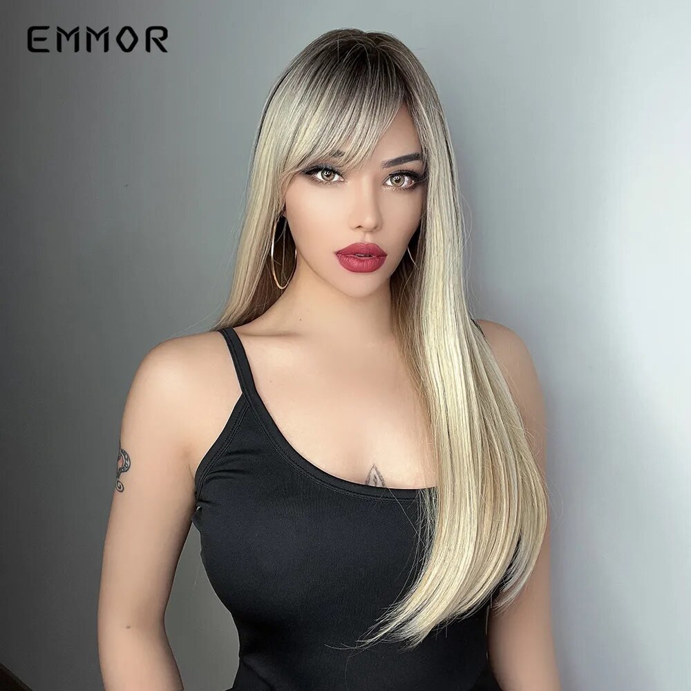 Emmor Synthetic Ombre Black to Blonde Wigs for Women Natural  Straight Hair Wig Cosplay Wigs High Temperature Fiber with Bangs