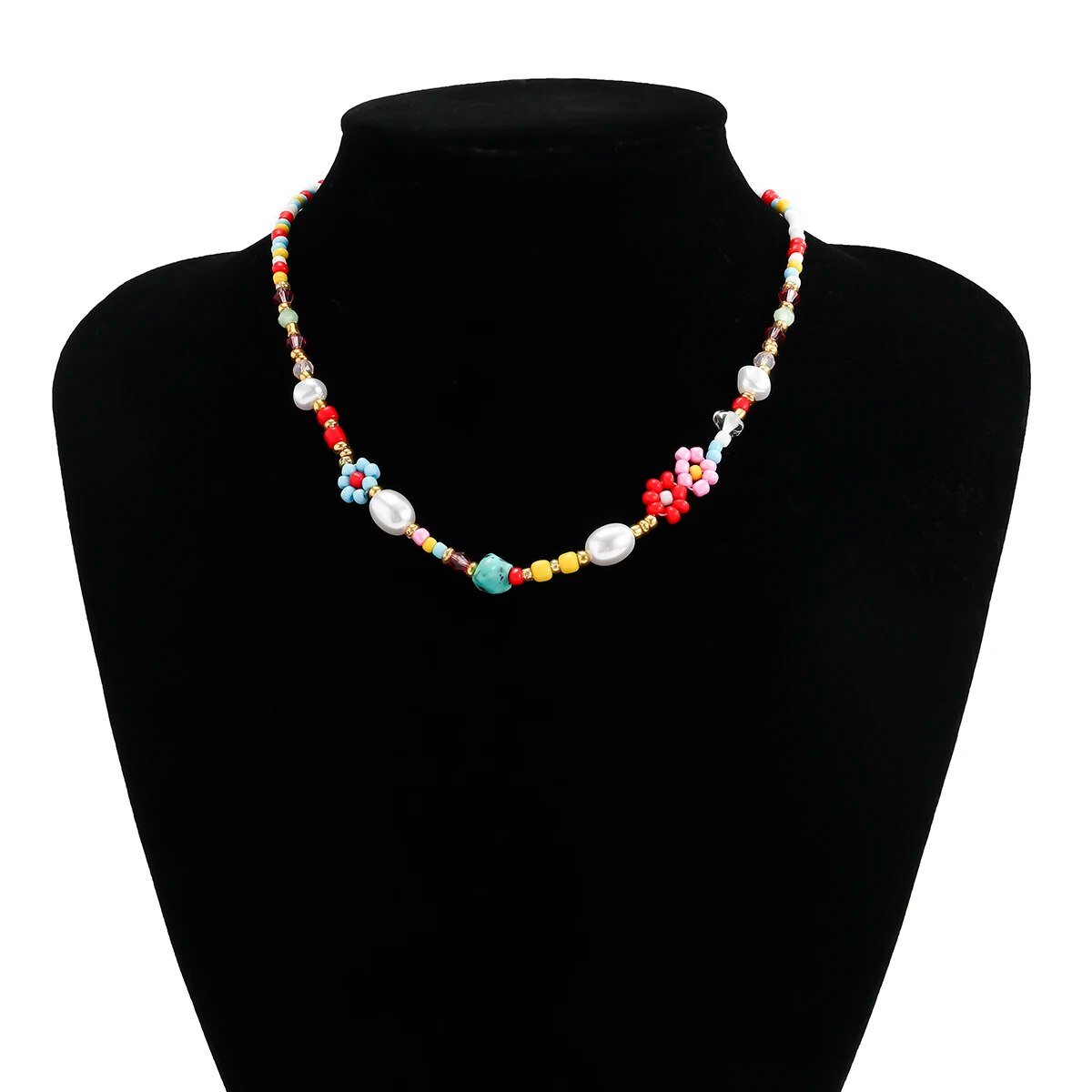 Baroque Simulated Pearls Cute Flowers Colorful Hand-woven Beaded Short Clavicle Chain Choker Necklace For Women Girls Jewelry