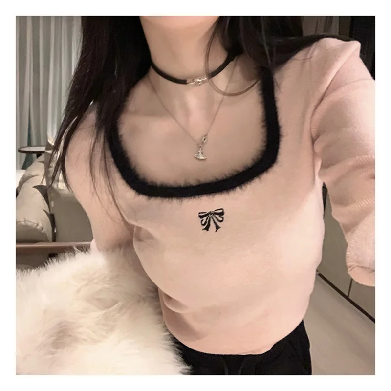 HELIAR Women Butterfly Embroidered T-shirts Square Neck  Long Sleeve Patchwork Y2K T-Shirts Casual Tees Women 2023 Autumn Winter