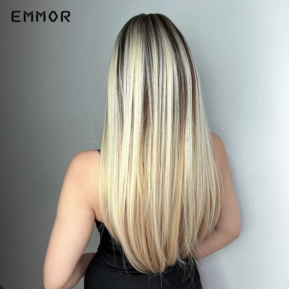 Emmor Synthetic Ombre Black to Blonde Wigs for Women Natural  Straight Hair Wig Cosplay Wigs High Temperature Fiber with Bangs