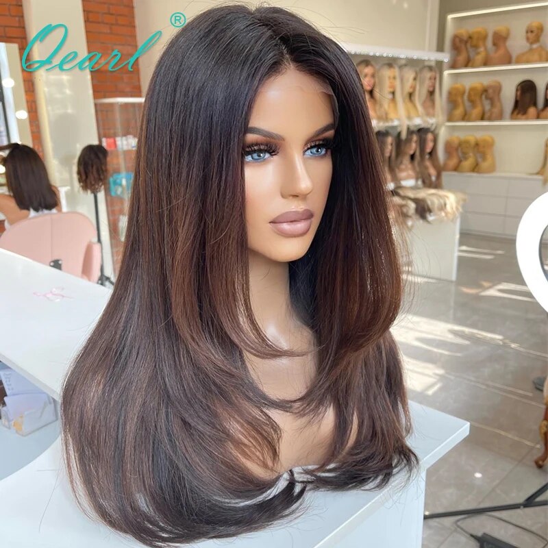 Natural Straight 360 Lace Frontal Wigs for Women Pre Plucked Dark Brown Lowlights 100% Real Human Hair Full Lace Wig SAle Qearl