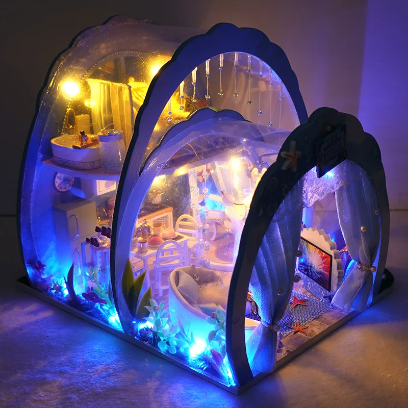 DIY Miniature Wooden Dollhouse Kit with Furniture Upgrade Blue Ocean Room Casa Doll House for Children Adult Christmas Gifts