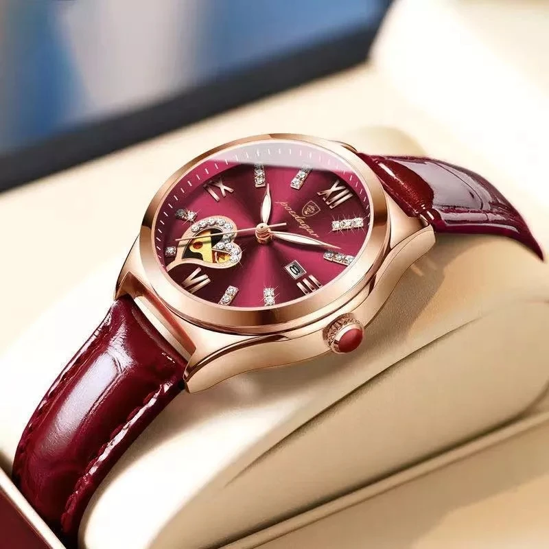 POEDAGAR 2022 Women Watches Fashion Leather Romance Red Dial Luxury Ladies Watch Waterproof Quartz Date Wristwatch