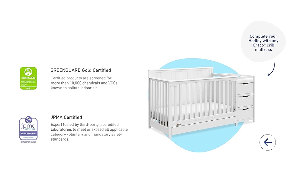 Angled white crib and changer with certificates graphic