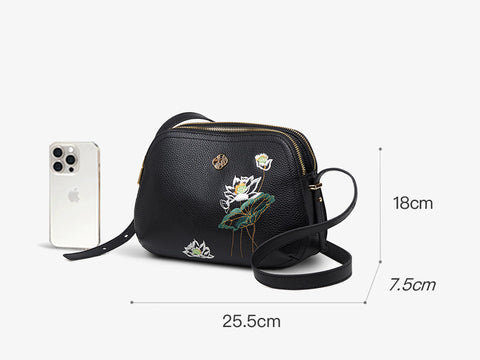 Embroidery Leather Shoulder Bag Black Lotus Handbag