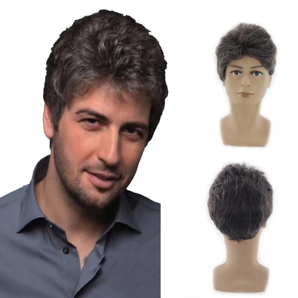 Men's Short Brown Wig Synthetic Hair Smooth Natural Pixie Cut Toupee Curly Heat Resistant Wigs For Male Men Black