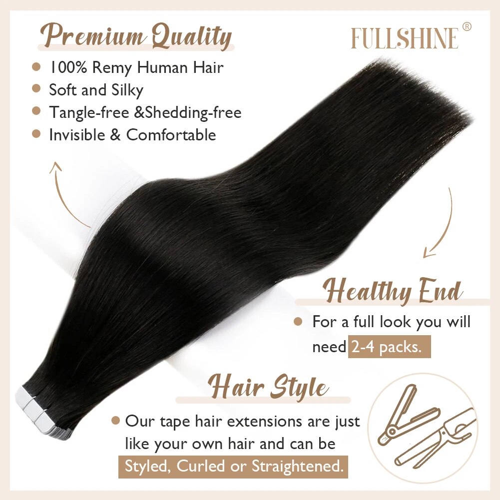 Full Shine Tape In Human Hair Extensions Black Women 100% Real Remy Human Hair Skin Weft Adhesive Glue On For Salon High Quality