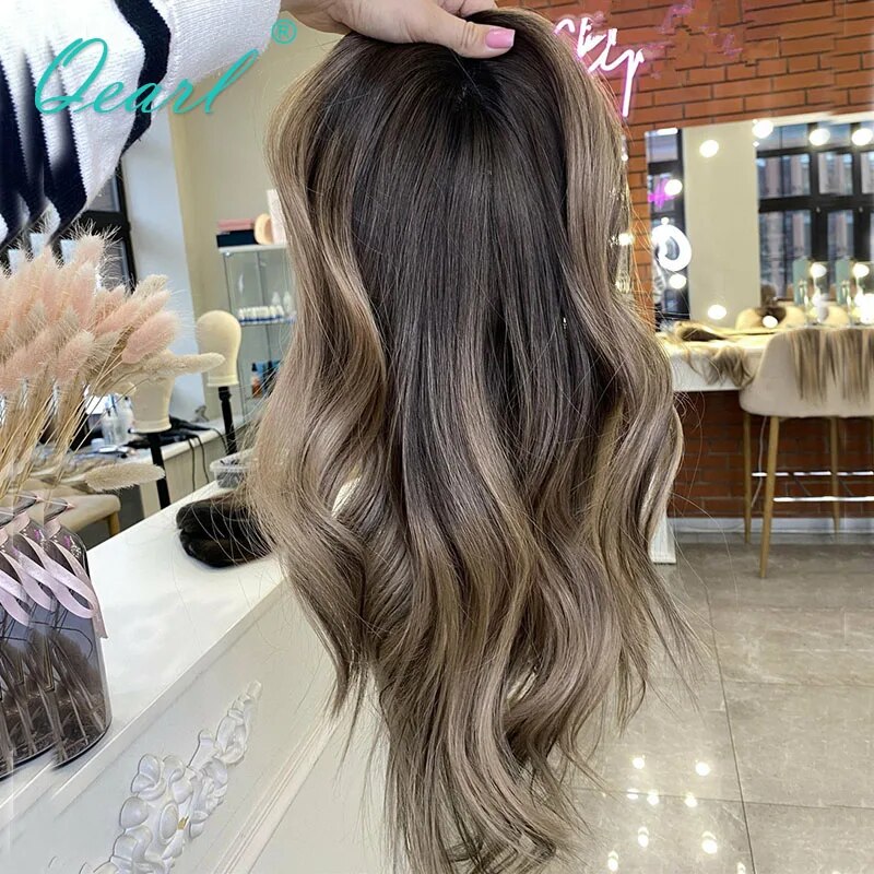 Women Real Human Hair Wig HD 360 Lace Frontal Wigs Dark Honey Blonde Highlights Colored Loose Wave Full Lace Wig Top Sale Qearl