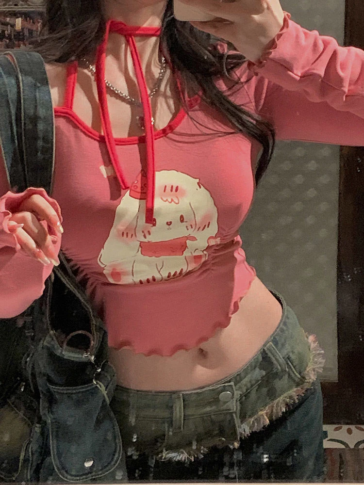 Cartoon Graphic Print T-shirt Women Spring Long Sleeve Halter Bandage Crop Top Korean Fashion Sweet Cute Slim Fit Y2K Streetwear