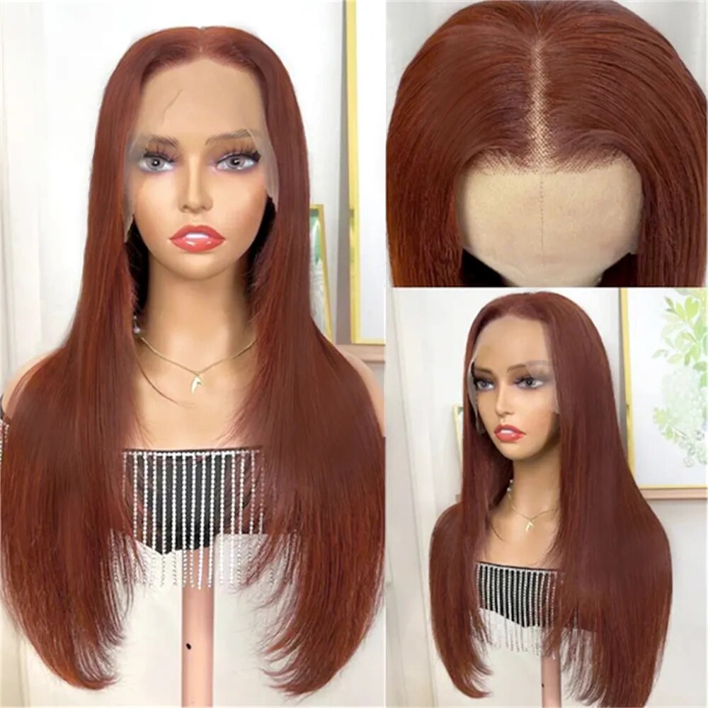 Reddish Brown Layered Wigs Copper Red Lace Wigs For Black Women Burgundy Layered Cut Wig Straight Wig Glueless Synthetic Hair