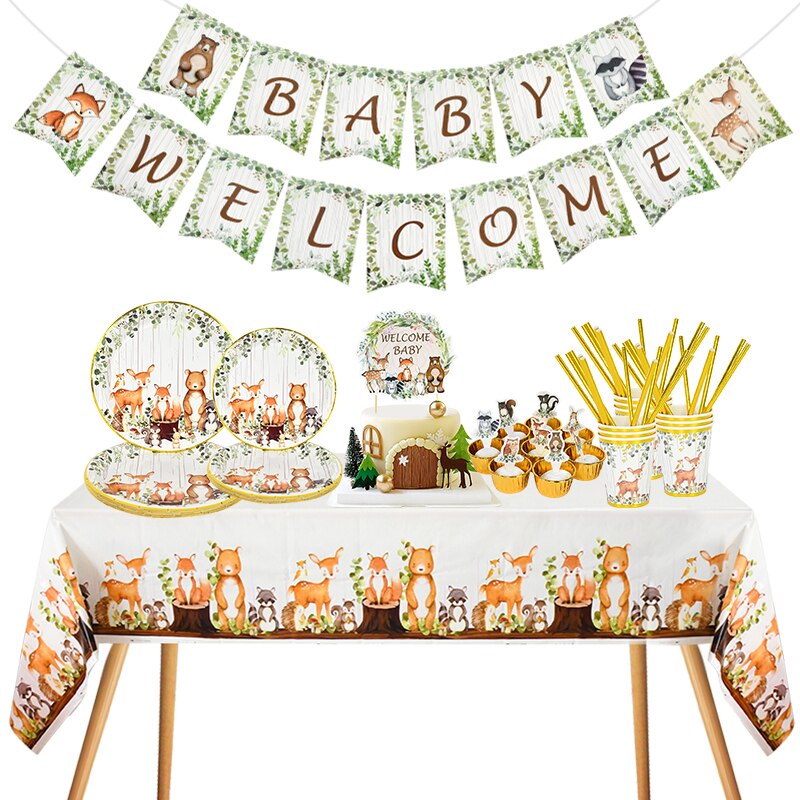 Woodland Animal Disposable Tableware Wild Forest Bear Fox Plate Cup Napkin Jungle Safari Baby Shower Happy Birthday Party Decor