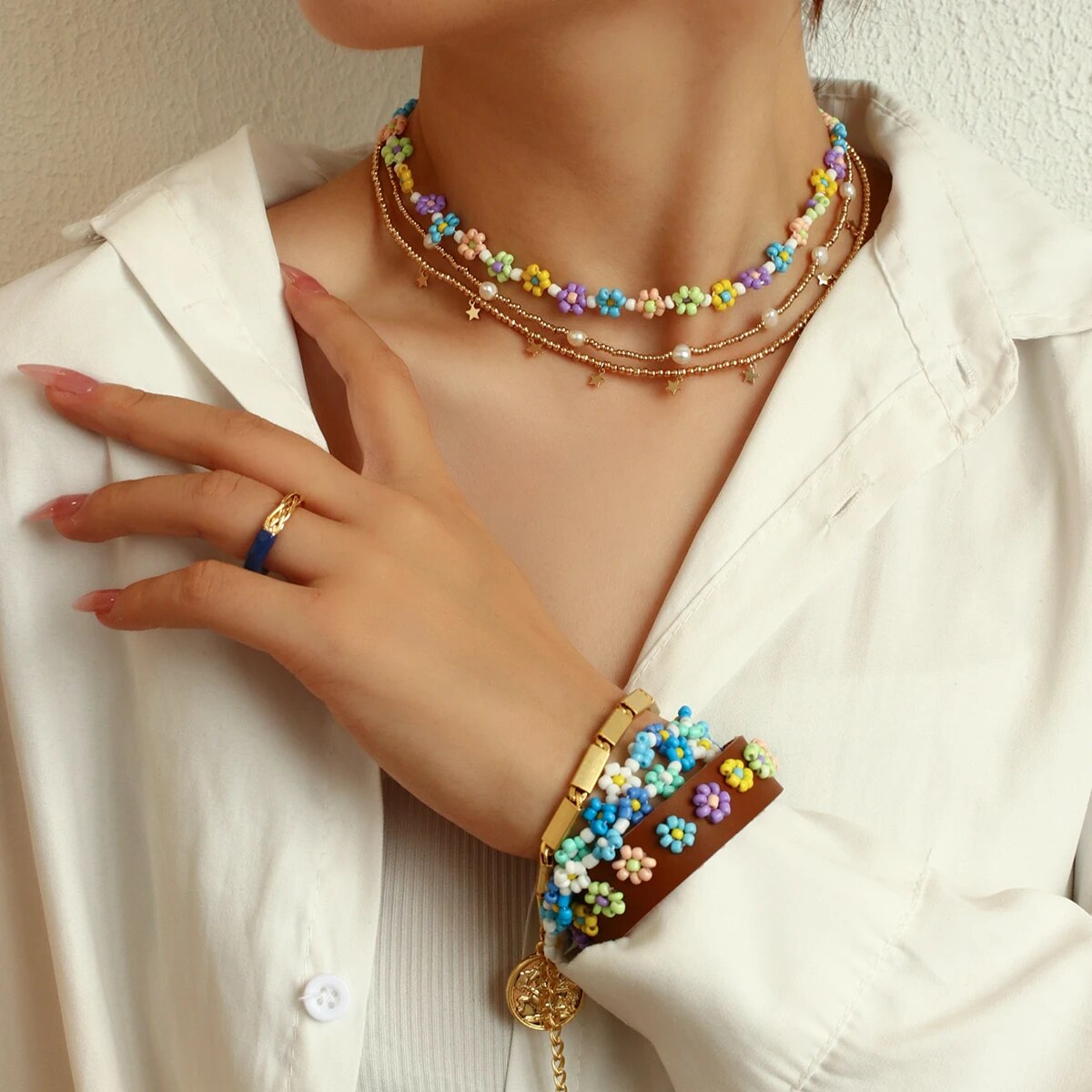 Lifefontier Bohemia Colorful Flowers Beaded Necklaces for Women Girls Handmade Collar Clavicle Choker Necklace Jewelry 2022