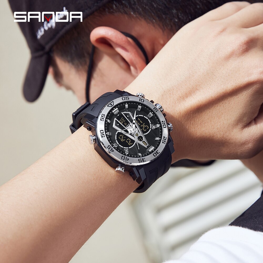 SANDA Brand Men Watches Dual Display LED Digital Quartz Wristwatch 50M Waterproof Sports Military Watch Relogios Masculino 6105