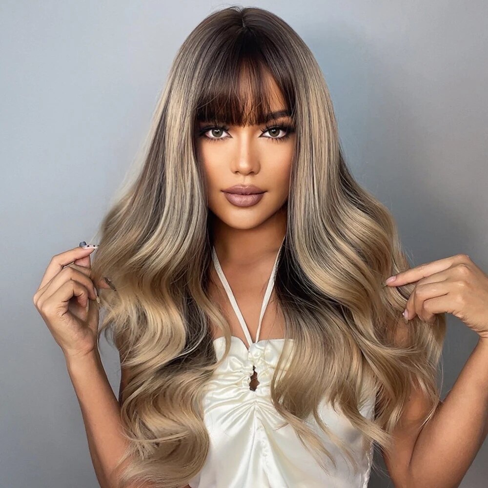 Ombre Brown Gold Highlight Synthetic Wig for Black Women Long Wavy Cosplay Wig with Bangs Natural Daily Heat Resistant Hair
