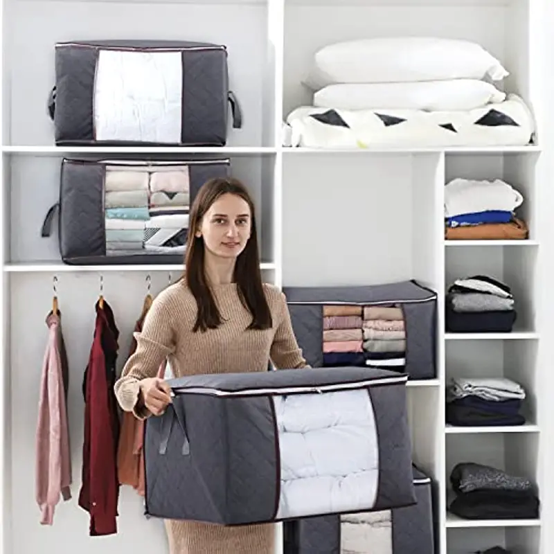 90l large storage bags 3 pack closet organizers and storage clothes foldable storage bins with reinforced handles storage containers for clothing blanket comforters toys bedding grey details 4