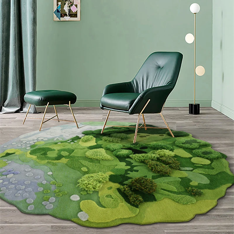 Handmade Green Forest Oasis 3D Wool Moss Carpet for Living Room Bedroom Bedside Area Rug Tufting Plush Large Size Round Tapetes