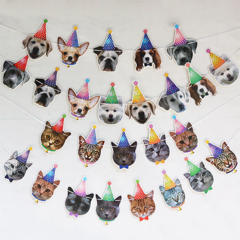 Cartoon Cat Dog Pet Party Flag Banners Cute Dog and Cat Animal Face Banner Pull Flower Pet Birthday Theme Party Decorations
