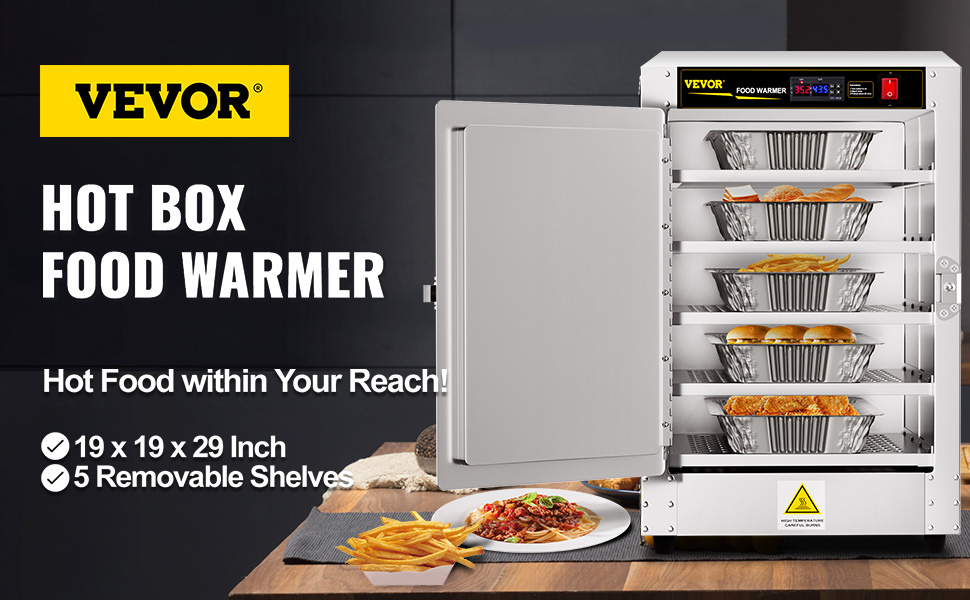 VEVOR hot box food warmer with open door, showing five removable shelves filled with hot food.