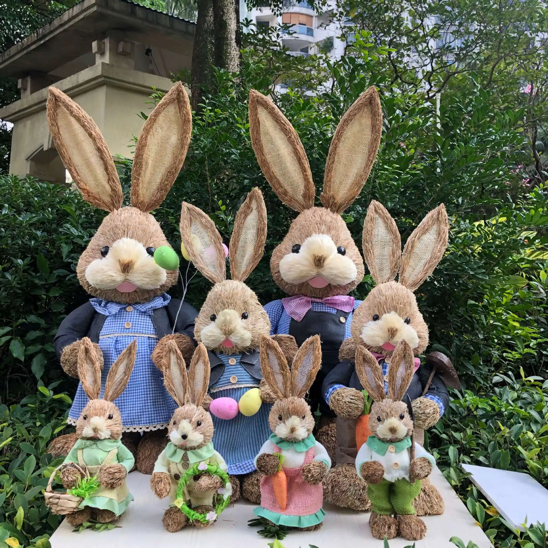 4PCS  Year Easter Straw Easter Rabbit Decoration with Clothes Happy Easter Home Garden Wedding Ornament Photo Props Crafts Bunny