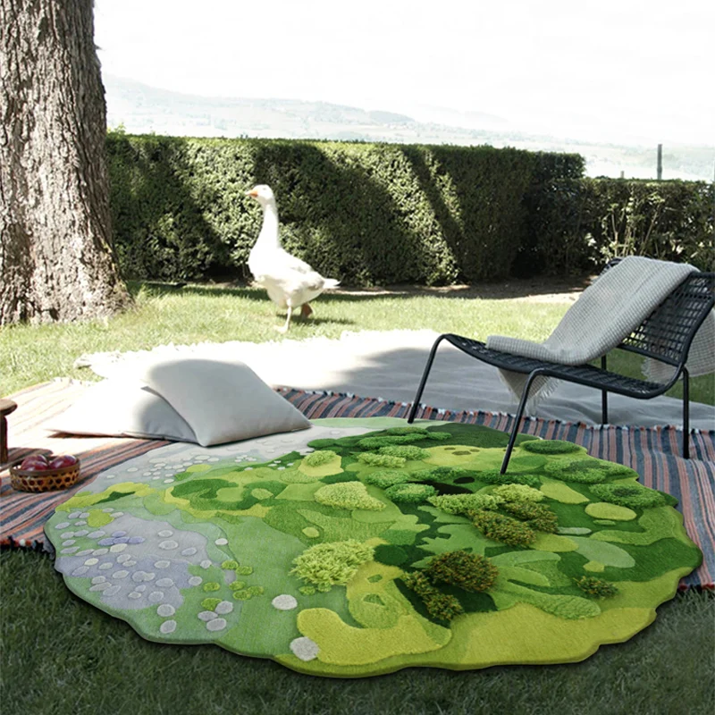 Handmade Green Forest Oasis 3D Wool Moss Carpet for Living Room Bedroom Bedside Area Rug Tufting Plush Large Size Round Tapetes