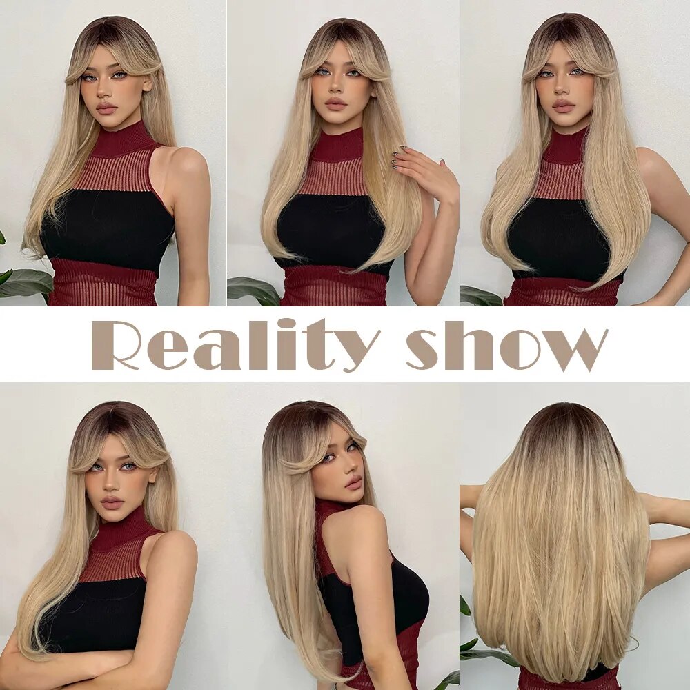 HENRY MARGU Ombre Brown Platinum Blonde Synthetic Wig with Bangs Long Straight Natural Hair Wig for Women Cosplay Heat Resistant