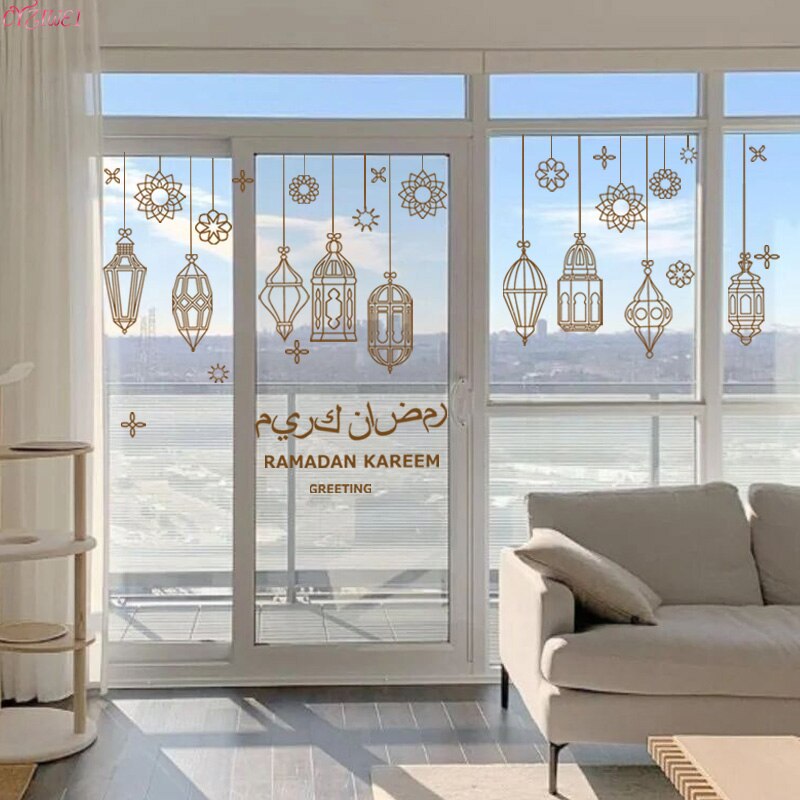 1set Ramadan Window Sticker Eid Mubarak Decor Lantern Pattern Ramadan Kareem Islamic Wall Sticker Muslim Mural Wall Decals Decor