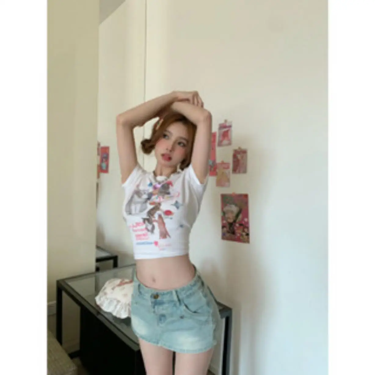 Printcess Women's Y2K Sexy Slim Short SleeveRound Neck Crop Top Cat's Sweet Spicy Girl's Small Crowd  Print CropTee Cool Street
