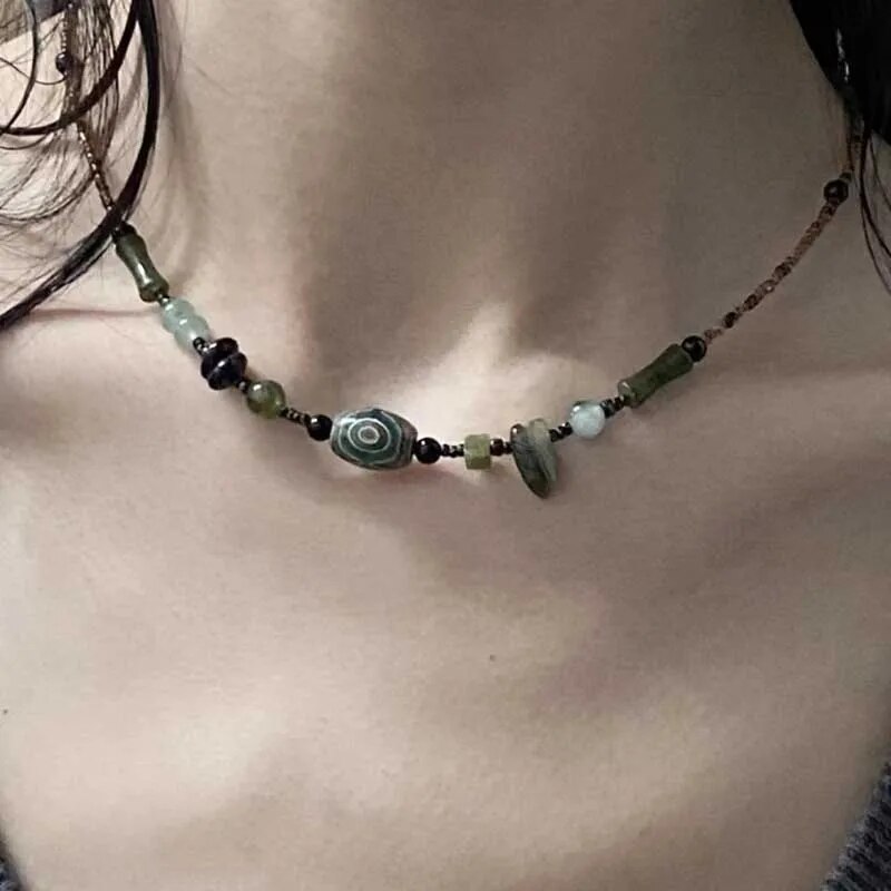 Vintage Chinese Style Tibetan Stone Lucky Beads Necklace for Women Men Retro Ethnic Choker Beaded Neck Chain Fashion Jewelry