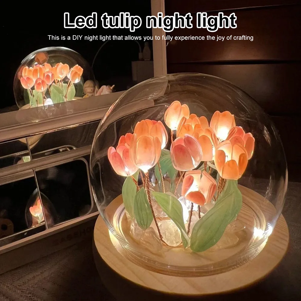 Handmade Tulip Night Light Heat Shrinkable Film DIY Material Artificial Flower Tulip Night Light Home Decor Gift for Gitlfriend