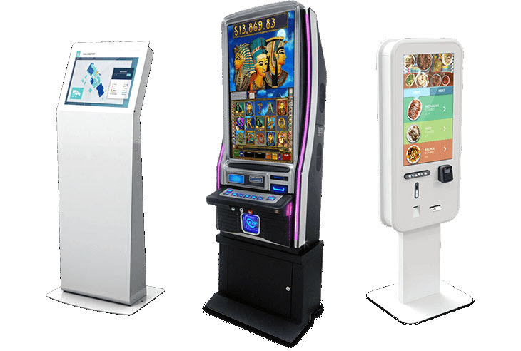 Three different Elo kiosks, one has a map, the other a slot machine and the 3rd a food menu