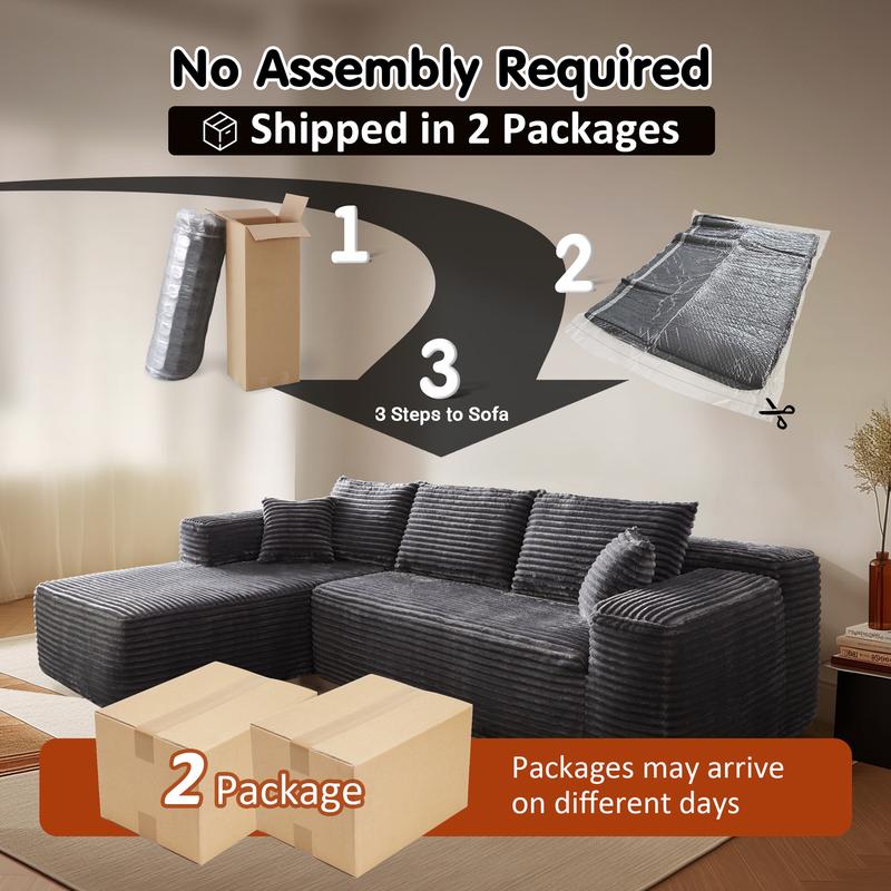 Product Introduction of 【2 Packages Shipping】Ovios 104" Plush Corduroy Cloud Velvet Modular Couch with Chaise, No Assembly Required - L-Shaped Sectional Sofa Set with Flexible Configuration - 104"W x 67.7"D x 30"H, 3 Seater 1