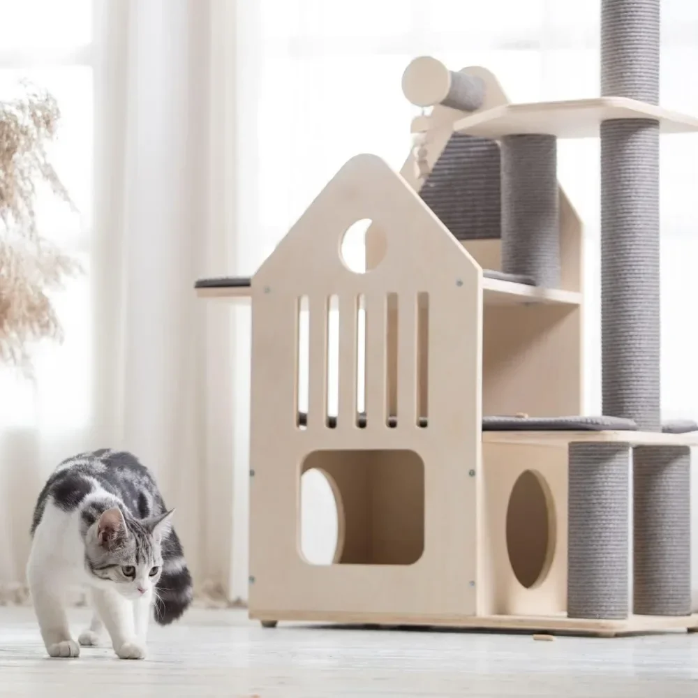 Wood Cat Tree for Indoor Cats,Cat Tree Tower with Cat Scratching Post,  with Mutil-Level Cat Houses,44.5 Inch Tall