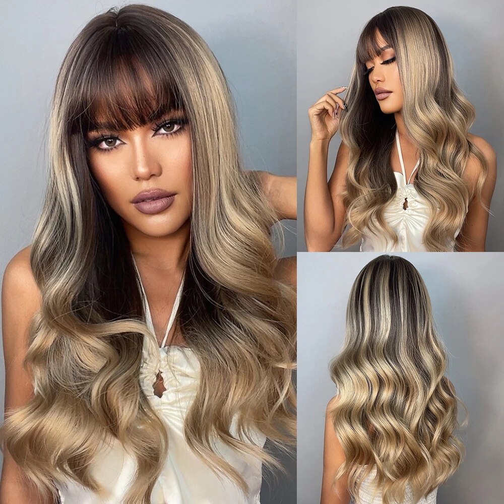 Ombre Brown Gold Highlight Synthetic Wig for Black Women Long Wavy Cosplay Wig with Bangs Natural Daily Heat Resistant Hair