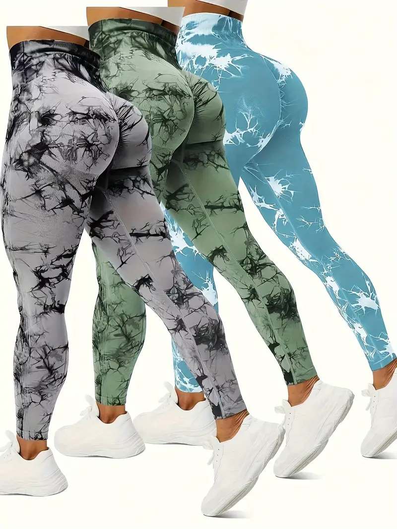 3pcs tie dye high waist sports leggings running workout fitness yoga tight pants womens activewear wide waistband details 31